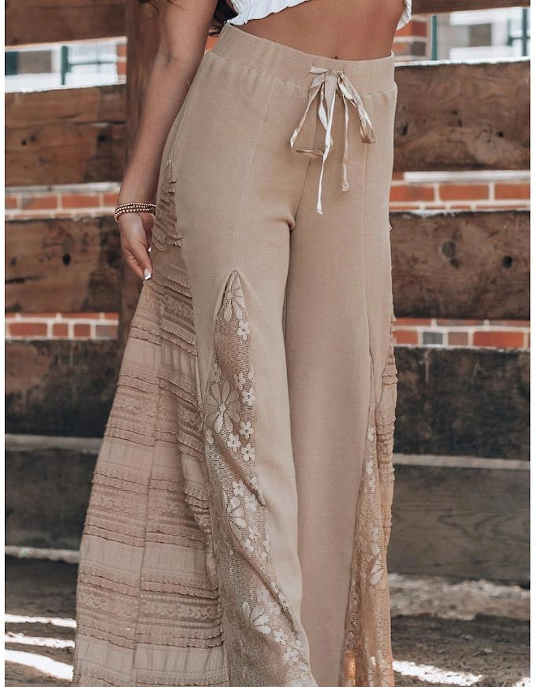 Smoke Gray Boho Lace Patchwork Wide Leg High Waist Pants