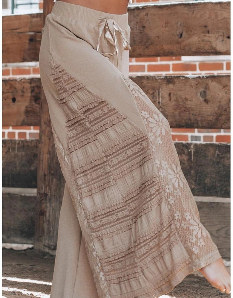 Smoke Gray Boho Lace Patchwork Wide Leg High Waist Pants