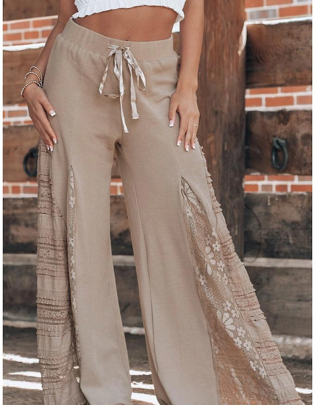 Smoke Gray Boho Lace Patchwork Wide Leg High Waist Pants