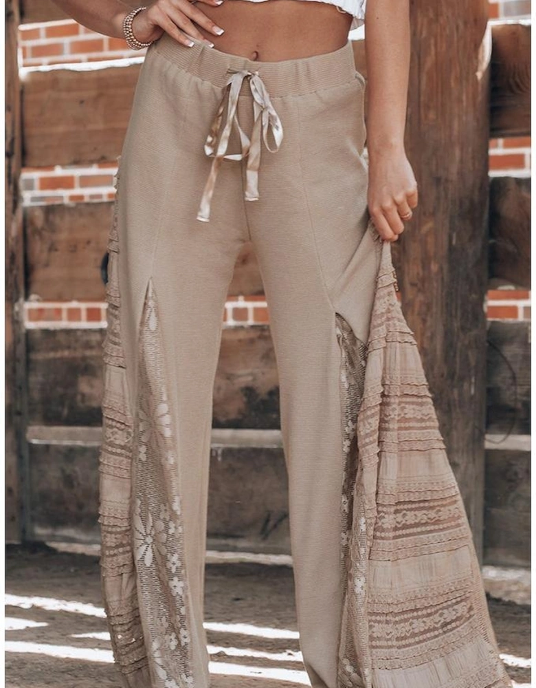 Smoke Gray Boho Lace Patchwork Wide Leg High Waist Pants