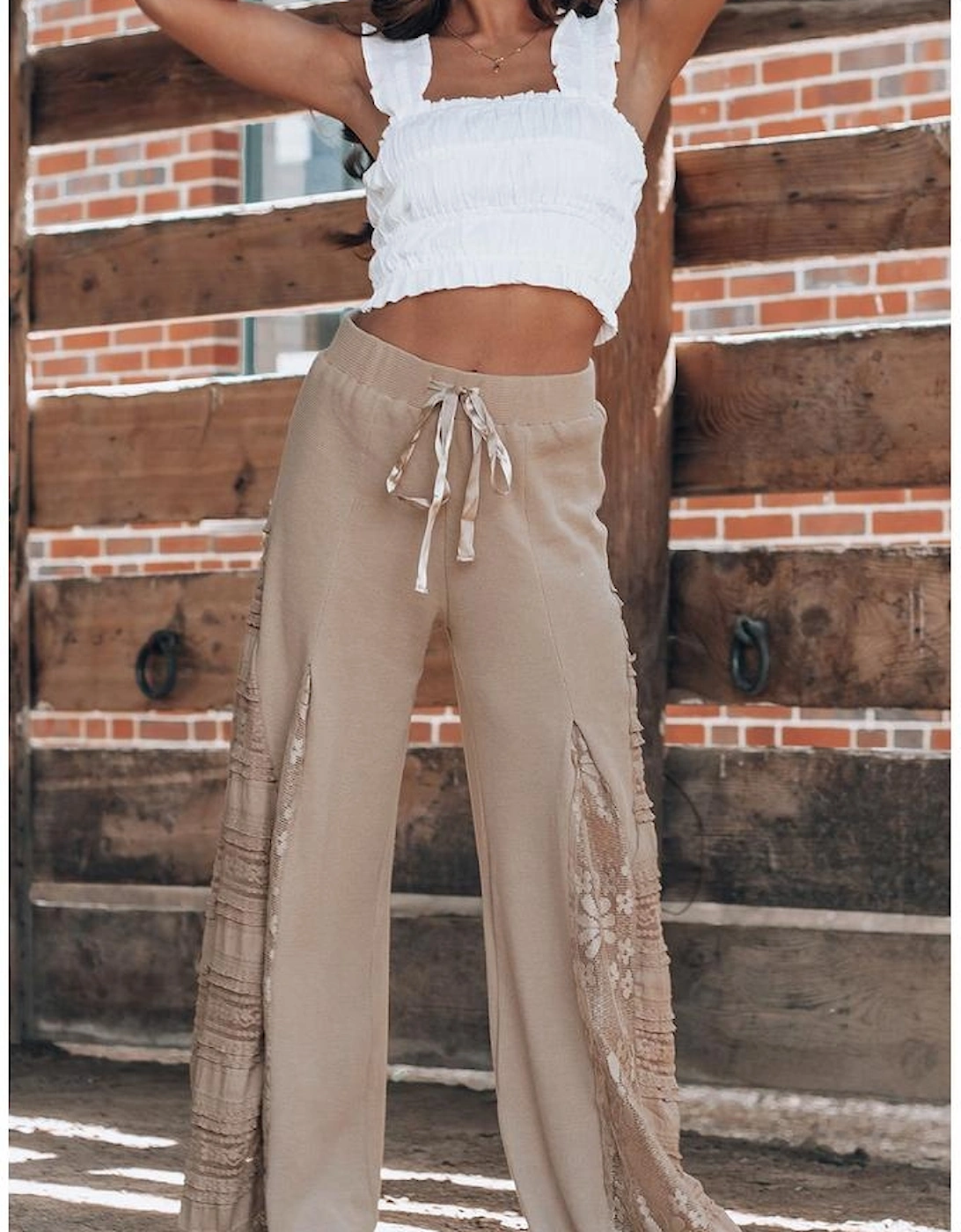 Smoke Gray Boho Lace Patchwork Wide Leg High Waist Pants