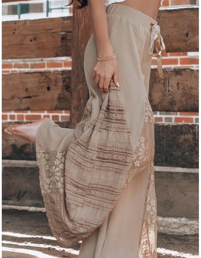 Smoke Gray Boho Lace Patchwork Wide Leg High Waist Pants