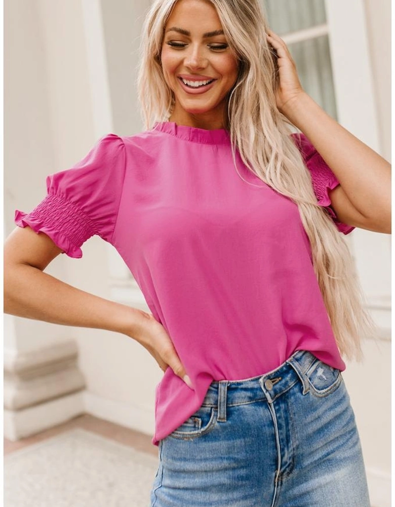 Rose Solid Color Smocked Puff Sleeve Blouse