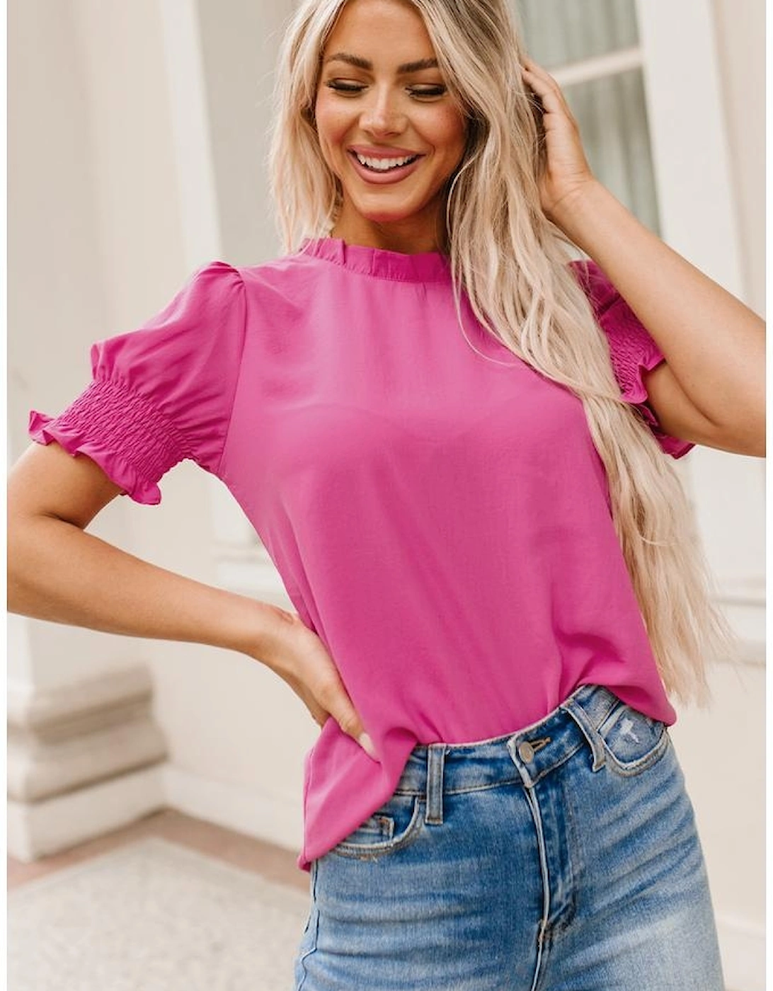 Rose Solid Color Smocked Puff Sleeve Blouse