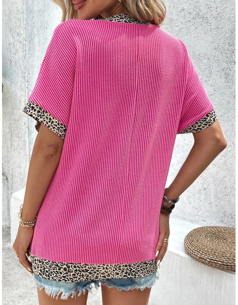 Bright Pink Leopard Patchwork Corded Texture V Neck T Shirt