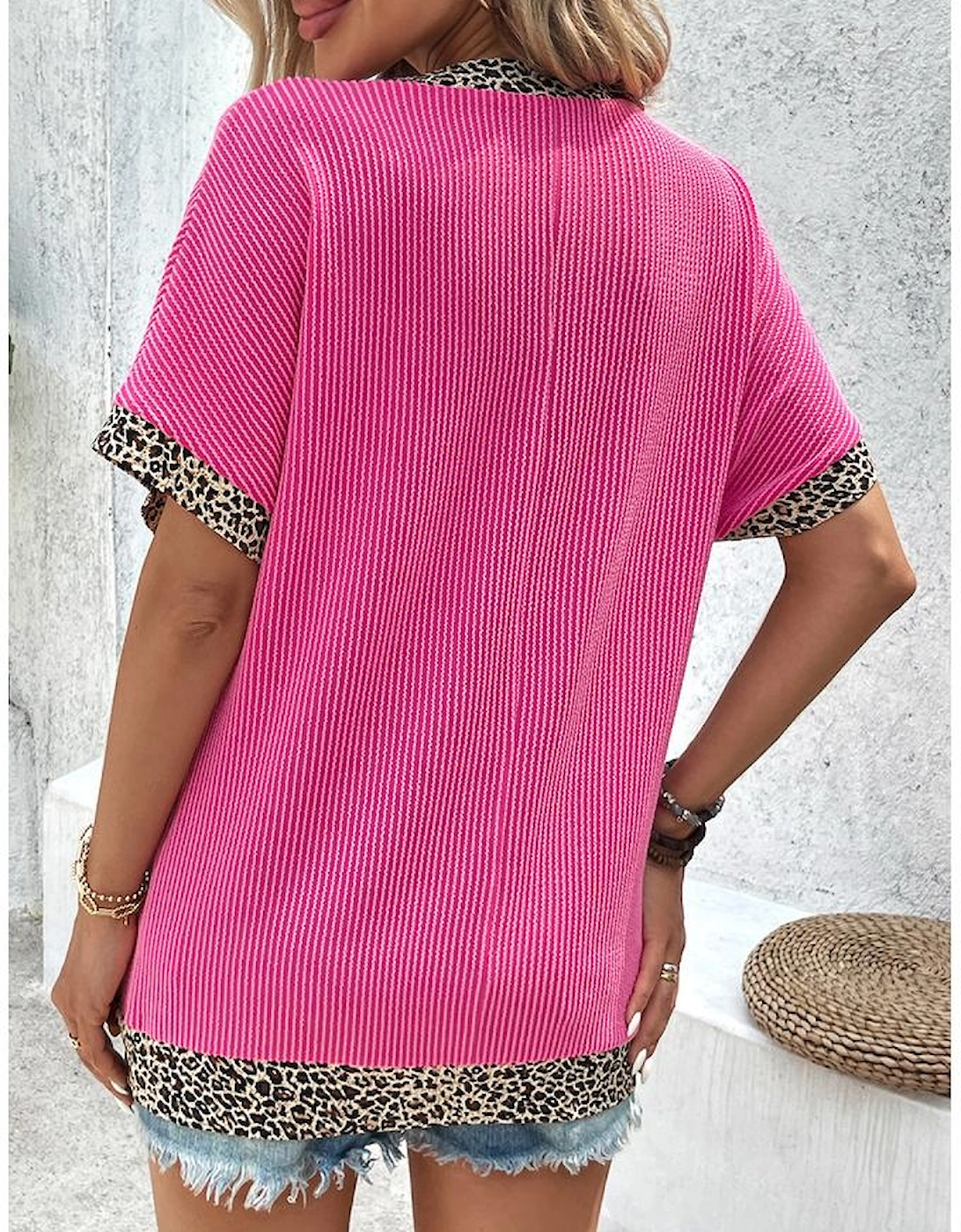 Bright Pink Leopard Patchwork Corded Texture V Neck T Shirt