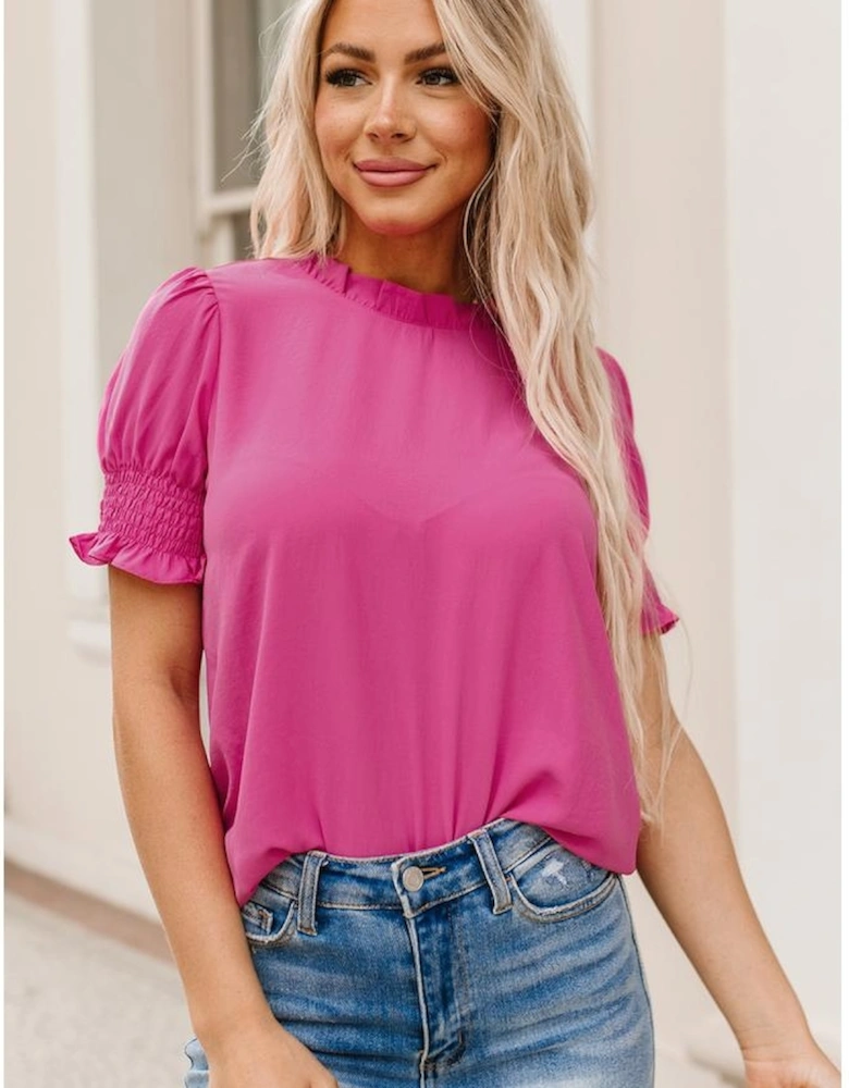 Rose Solid Color Smocked Puff Sleeve Blouse
