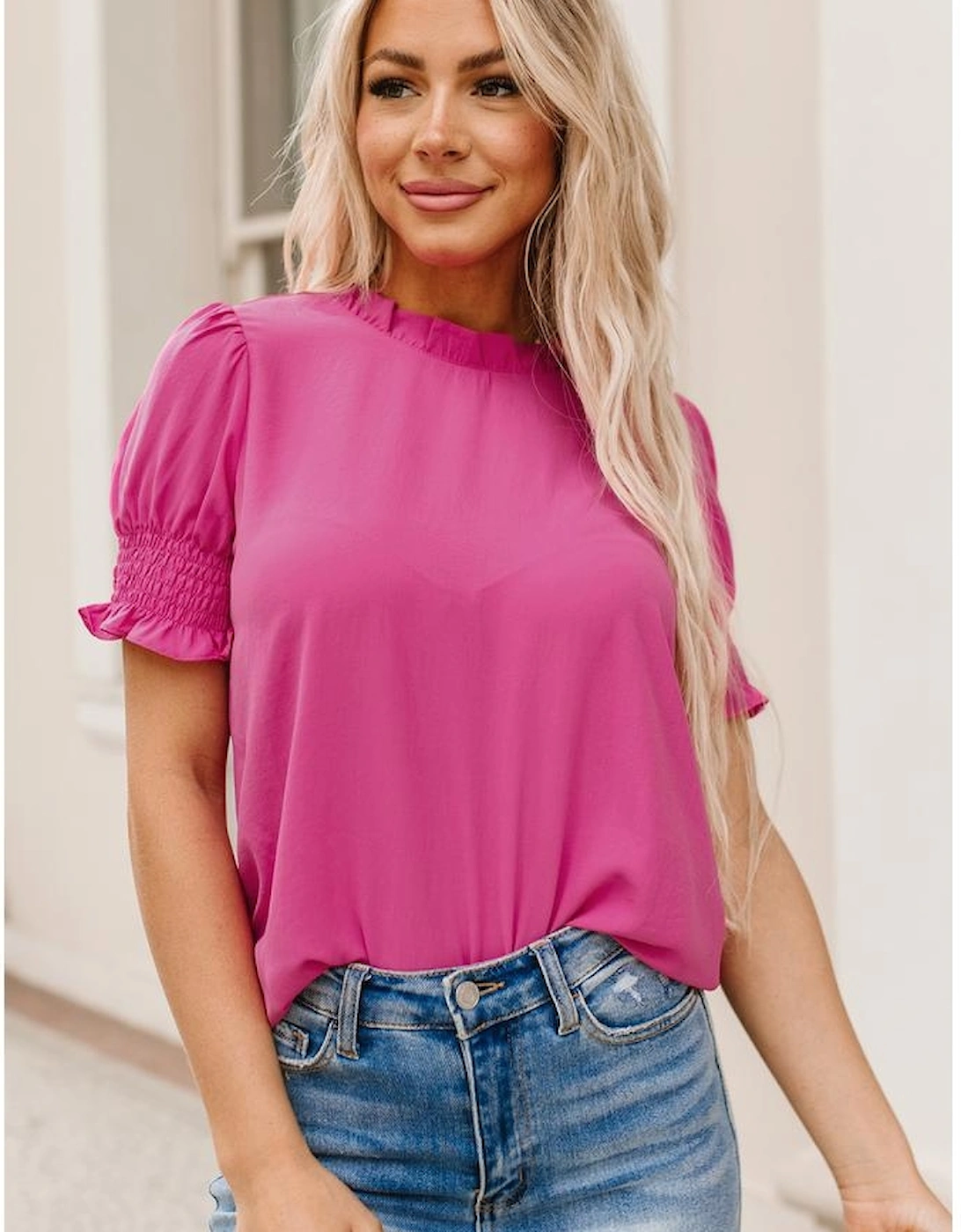 Rose Solid Color Smocked Puff Sleeve Blouse