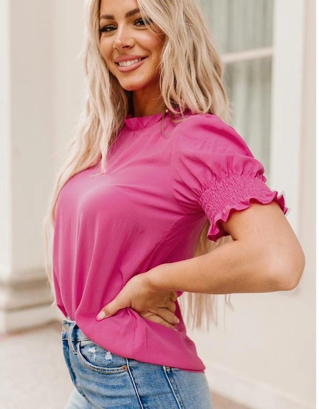 Rose Solid Color Smocked Puff Sleeve Blouse