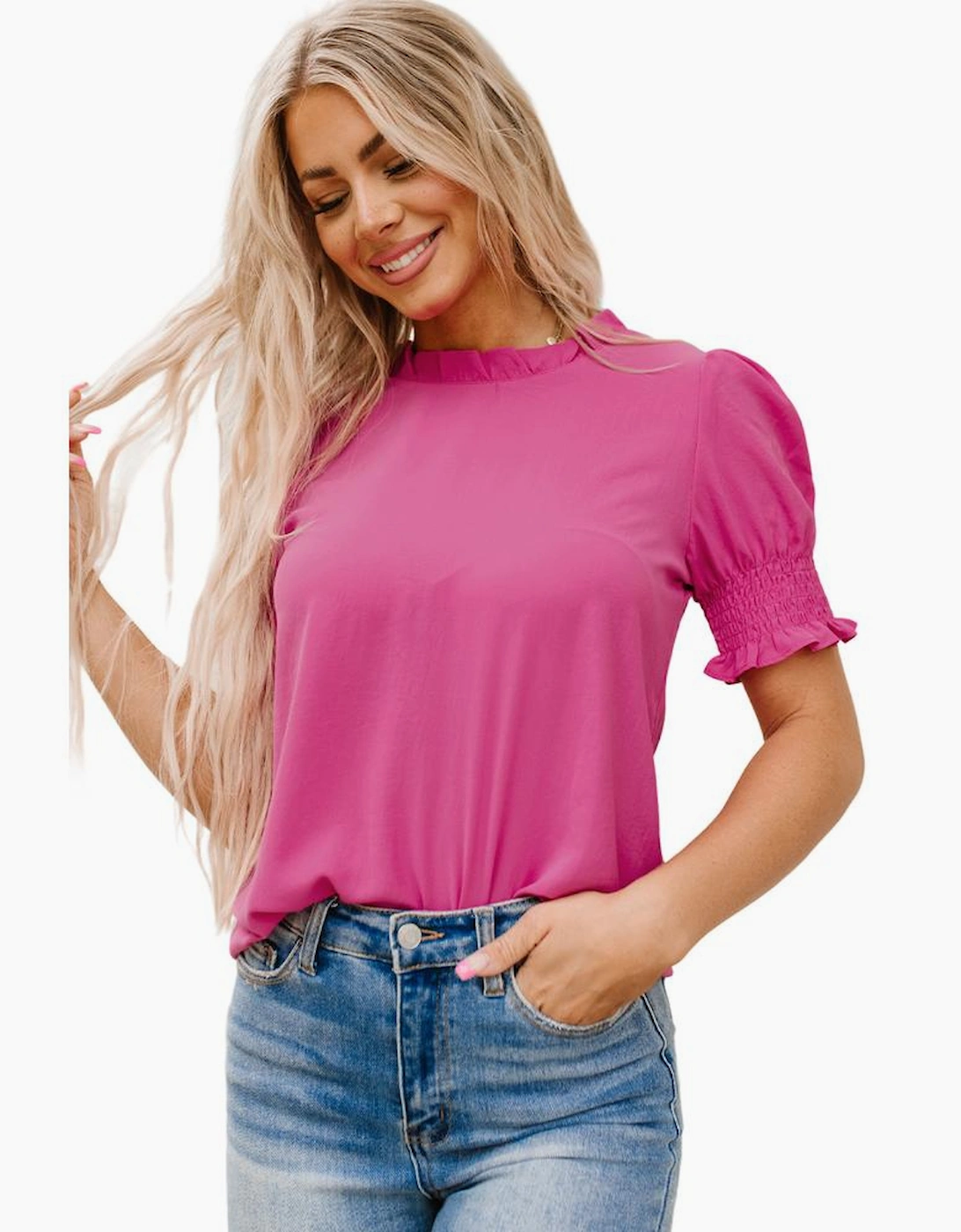 Rose Solid Color Smocked Puff Sleeve Blouse