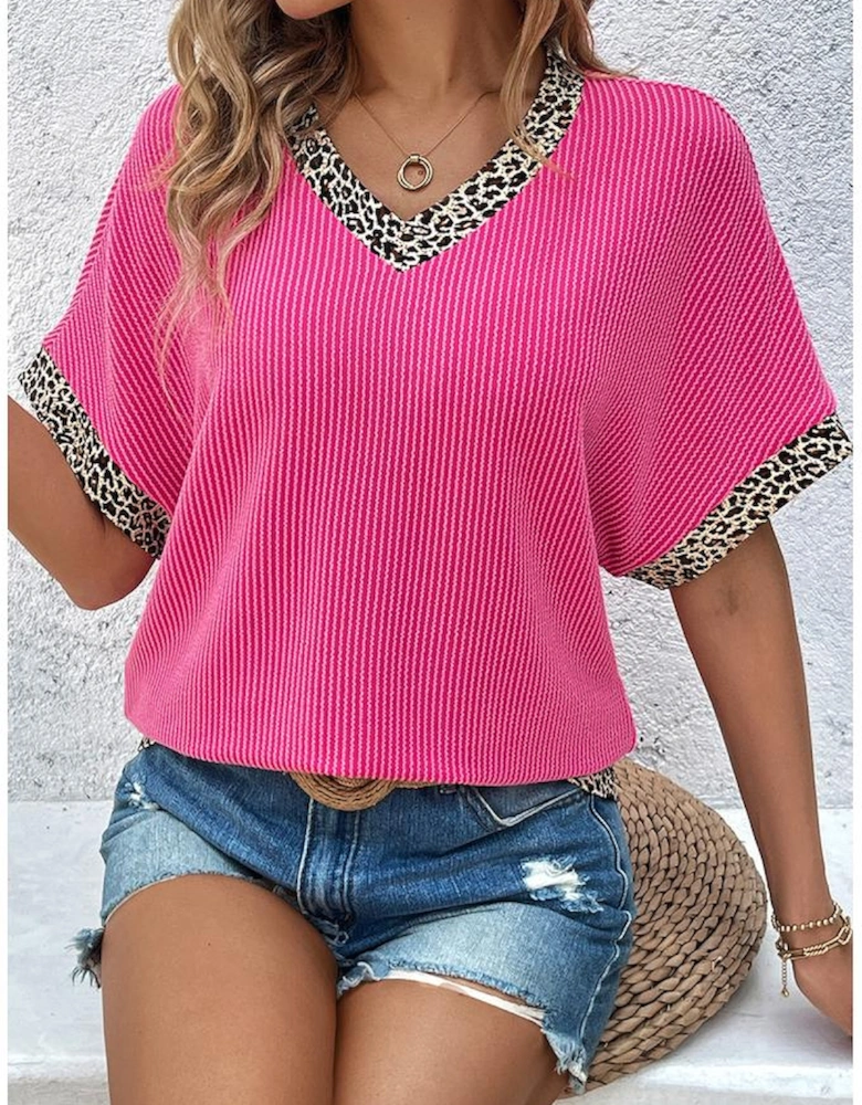 Bright Pink Leopard Patchwork Corded Texture V Neck T Shirt