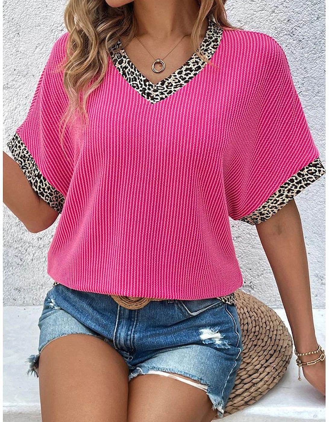 Bright Pink Leopard Patchwork Corded Texture V Neck T Shirt