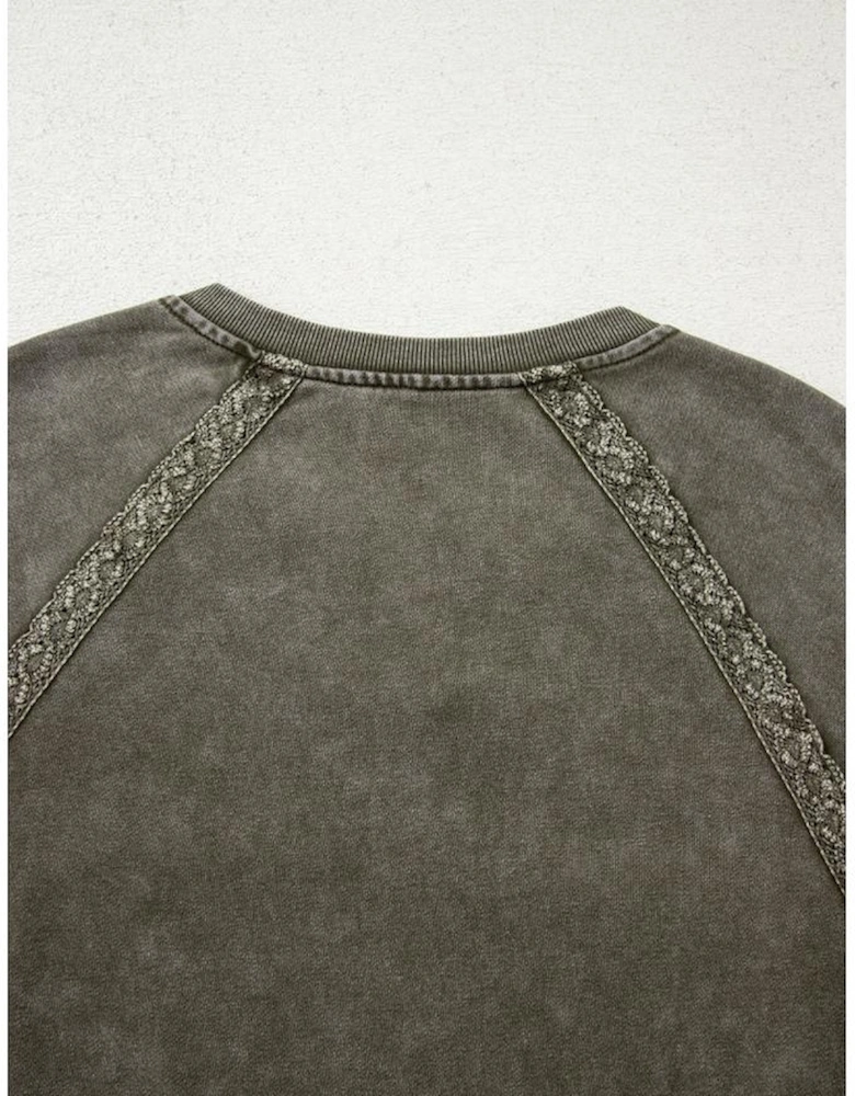 Jungle Green Lace Patchwork Detail Notched Neck Mineral Wash Baggy Sweatshirt