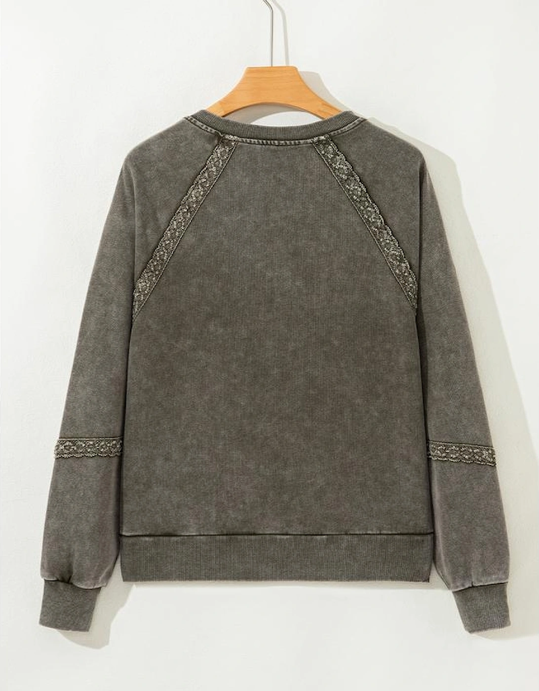 Jungle Green Lace Patchwork Detail Notched Neck Mineral Wash Baggy Sweatshirt