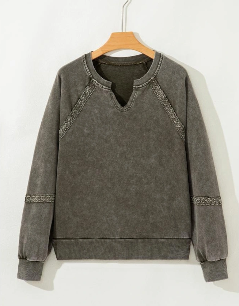Jungle Green Lace Patchwork Detail Notched Neck Mineral Wash Baggy Sweatshirt