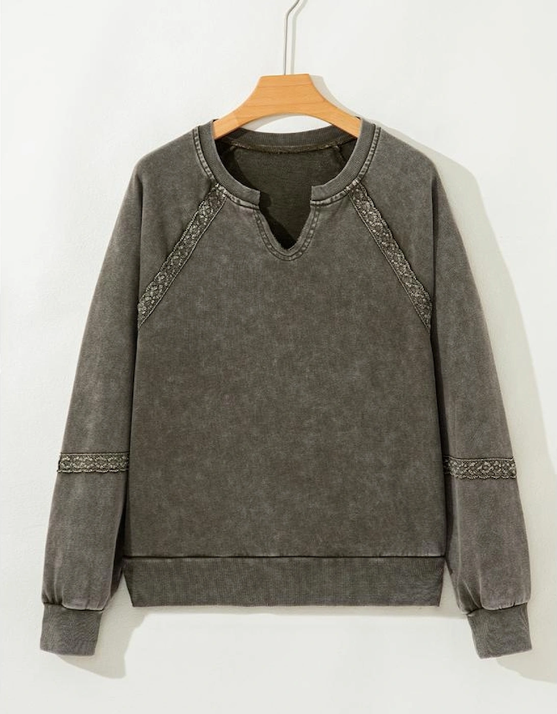 Jungle Green Lace Patchwork Detail Notched Neck Mineral Wash Baggy Sweatshirt