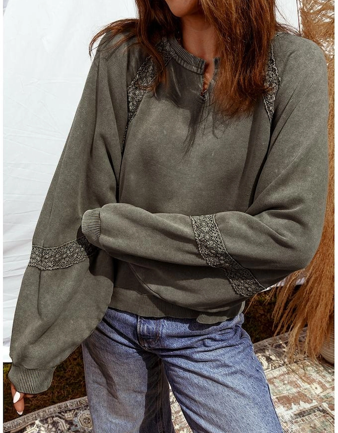 Jungle Green Lace Patchwork Detail Notched Neck Mineral Wash Baggy Sweatshirt