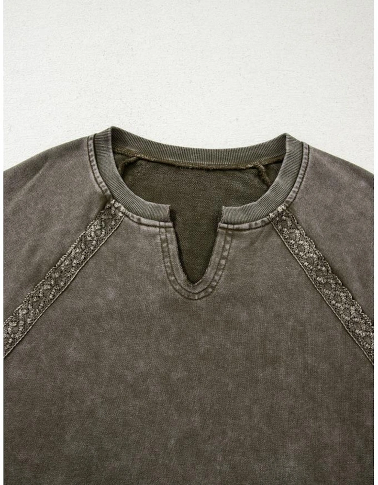 Jungle Green Lace Patchwork Detail Notched Neck Mineral Wash Baggy Sweatshirt