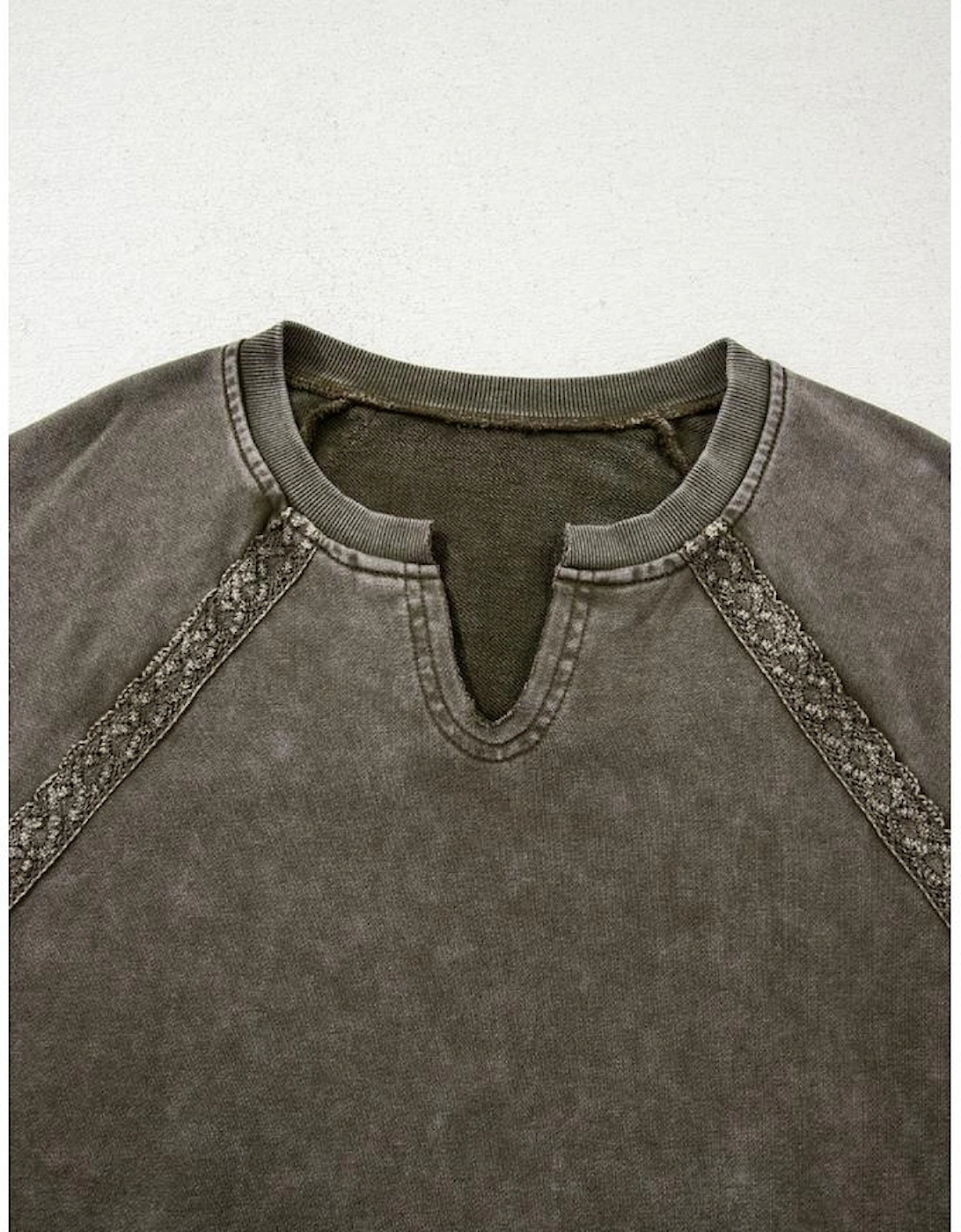 Jungle Green Lace Patchwork Detail Notched Neck Mineral Wash Baggy Sweatshirt