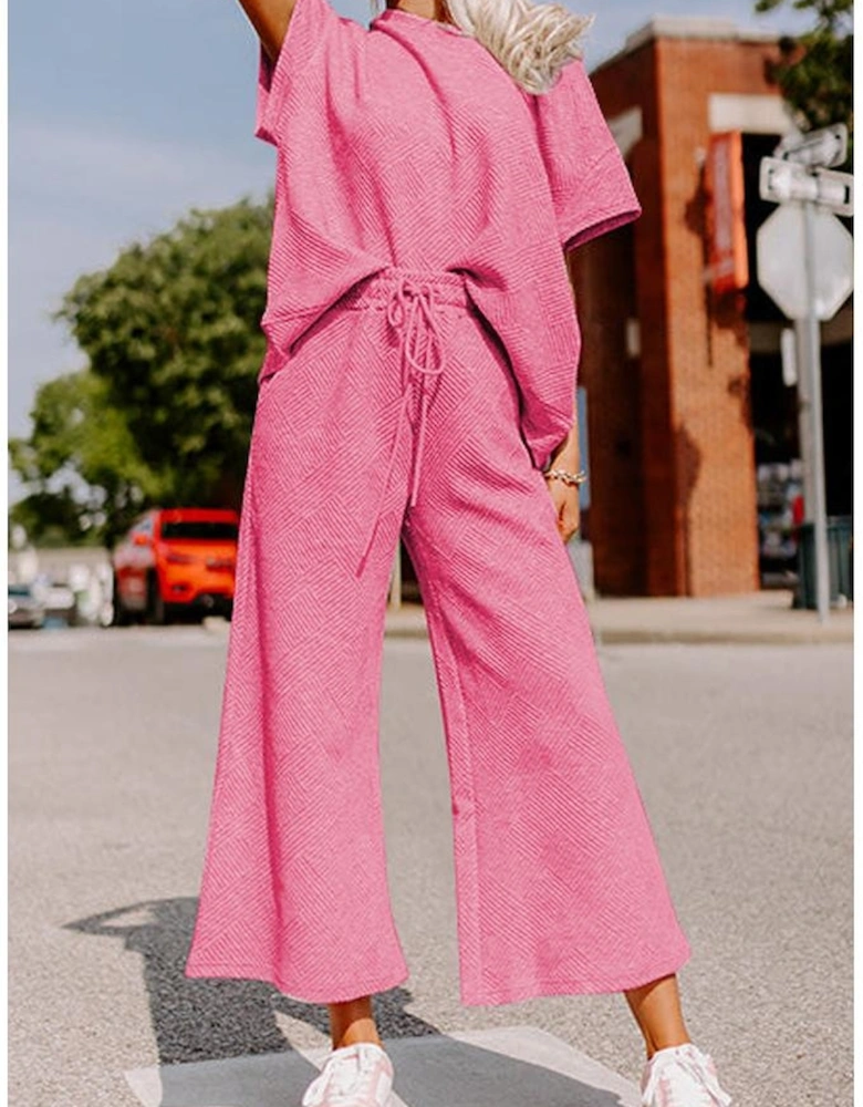 Strawberry Pink Textured Loose Fit T Shirt and Drawstring Pants Set