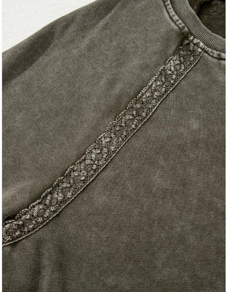 Jungle Green Lace Patchwork Detail Notched Neck Mineral Wash Baggy Sweatshirt