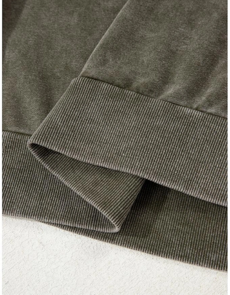 Jungle Green Lace Patchwork Detail Notched Neck Mineral Wash Baggy Sweatshirt