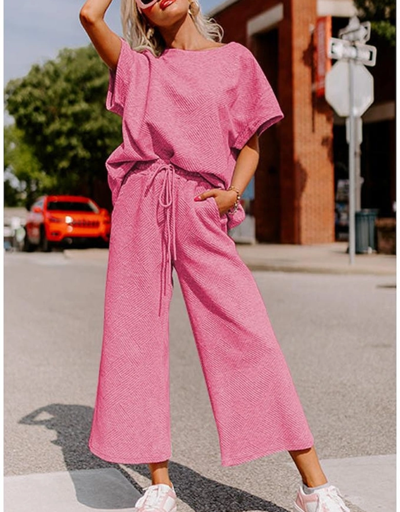 Strawberry Pink Textured Loose Fit T Shirt and Drawstring Pants Set
