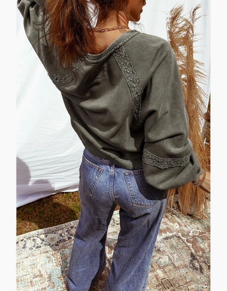 Jungle Green Lace Patchwork Detail Notched Neck Mineral Wash Baggy Sweatshirt