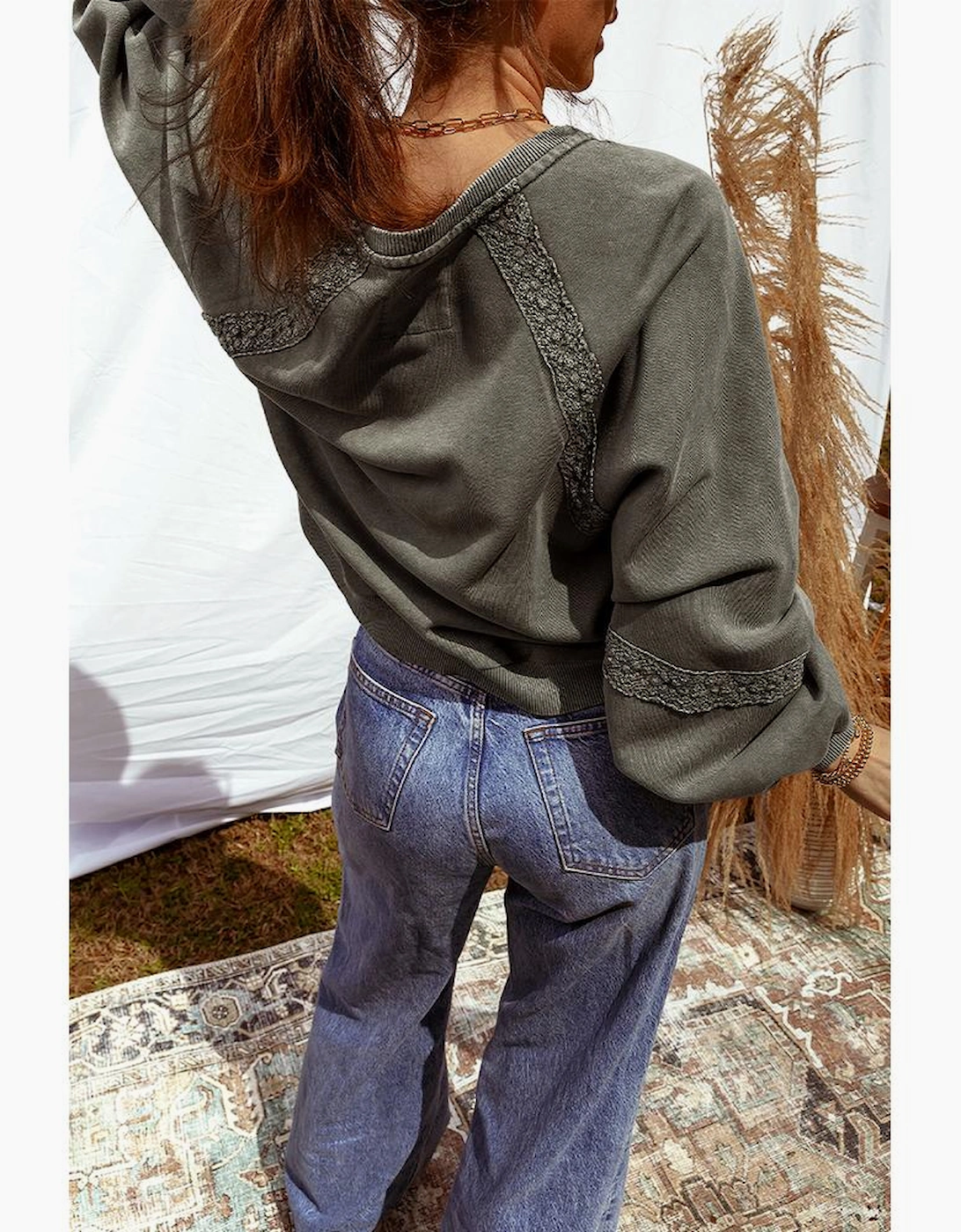 Jungle Green Lace Patchwork Detail Notched Neck Mineral Wash Baggy Sweatshirt, 11 of 10