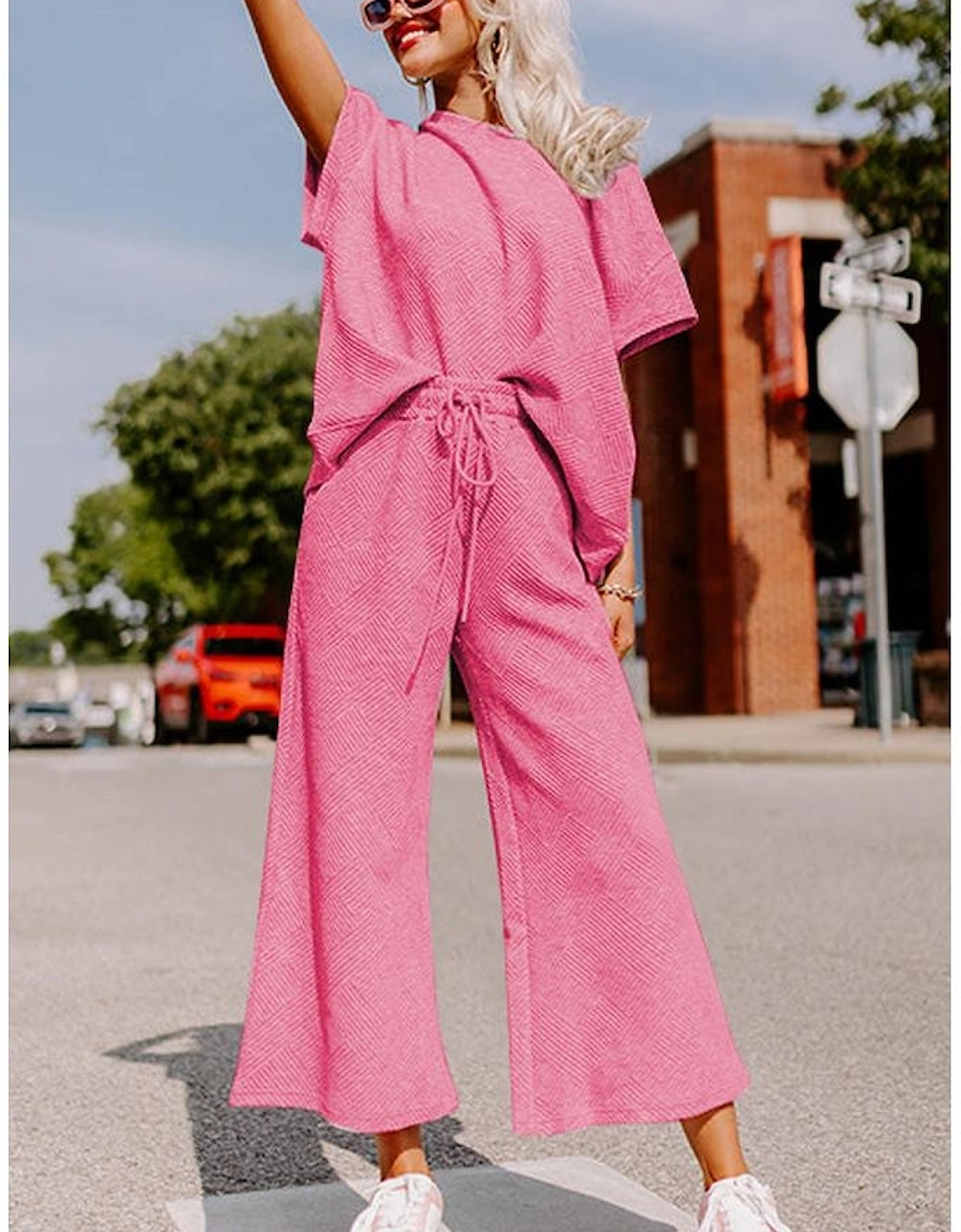 Strawberry Pink Textured Loose Fit T Shirt and Drawstring Pants Set