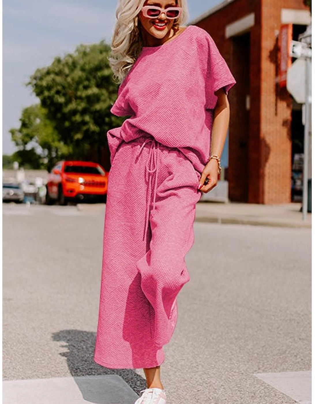 Strawberry Pink Textured Loose Fit T Shirt and Drawstring Pants Set