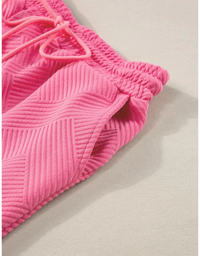 Strawberry Pink Textured Loose Fit T Shirt and Drawstring Pants Set