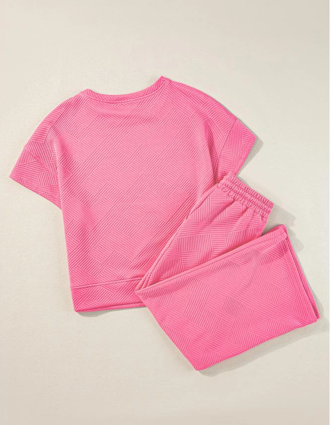 Strawberry Pink Textured Loose Fit T Shirt and Drawstring Pants Set