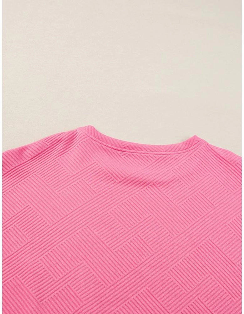 Strawberry Pink Textured Loose Fit T Shirt and Drawstring Pants Set