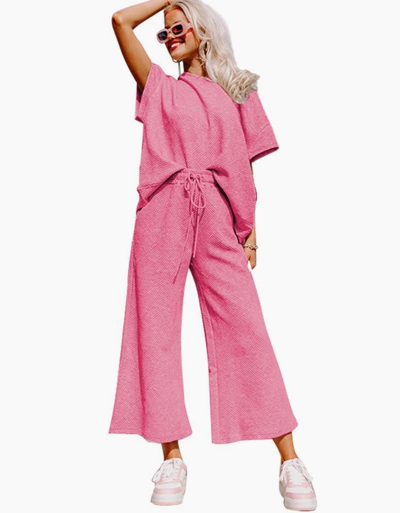 Strawberry Pink Textured Loose Fit T Shirt and Drawstring Pants Set