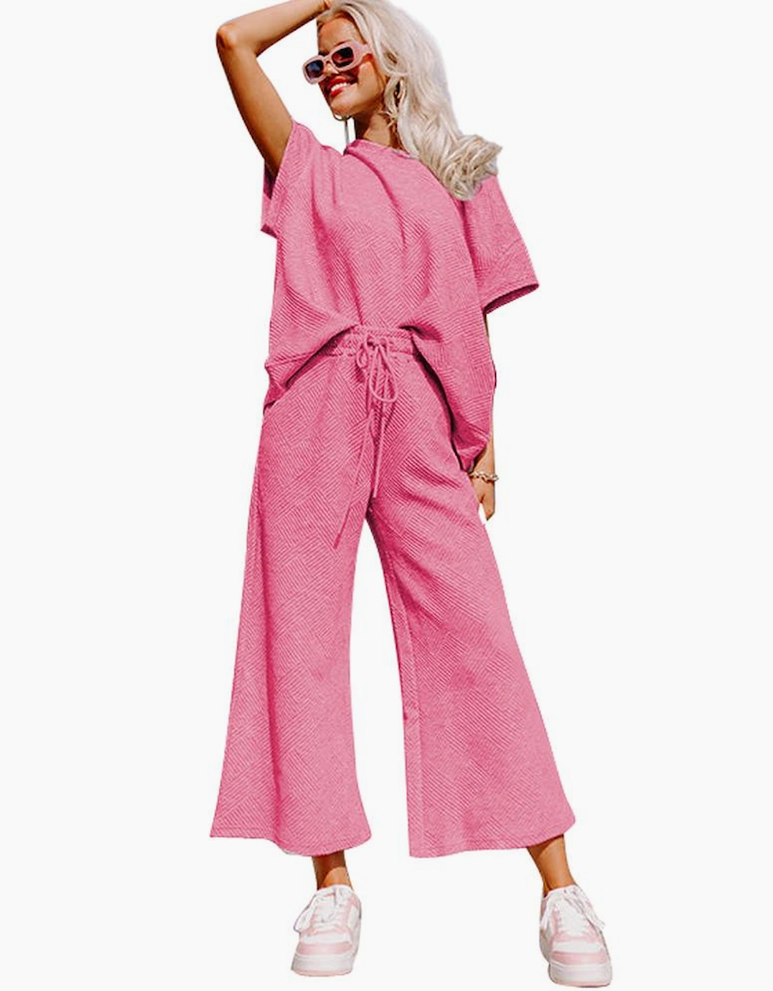 Strawberry Pink Textured Loose Fit T Shirt and Drawstring Pants Set