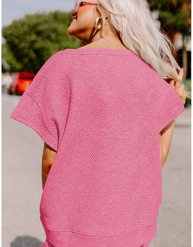 Strawberry Pink Textured Loose Fit T Shirt and Drawstring Pants Set