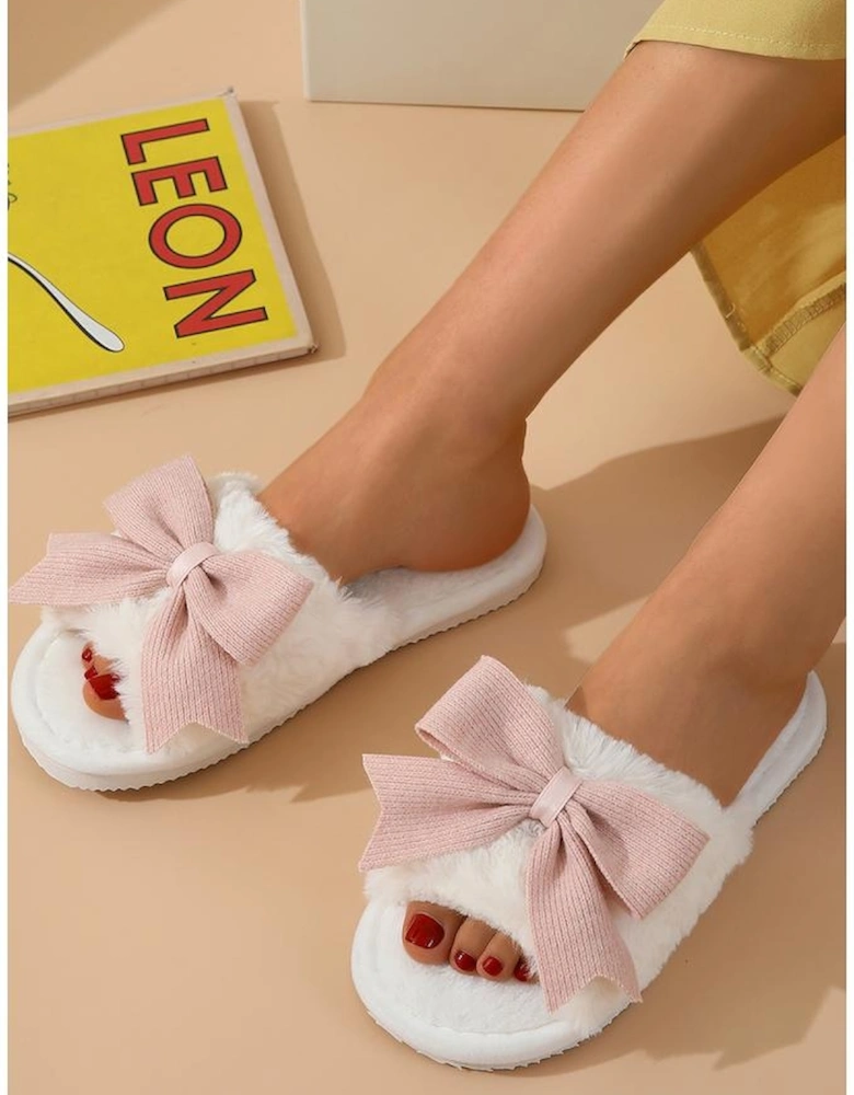 White Bow Knot Decor Open Toe Plush Slippers