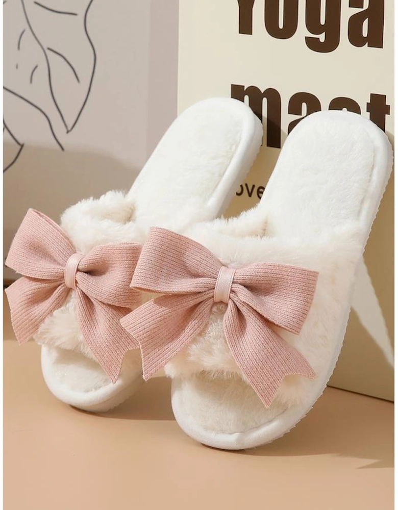 White Bow Knot Decor Open Toe Plush Slippers