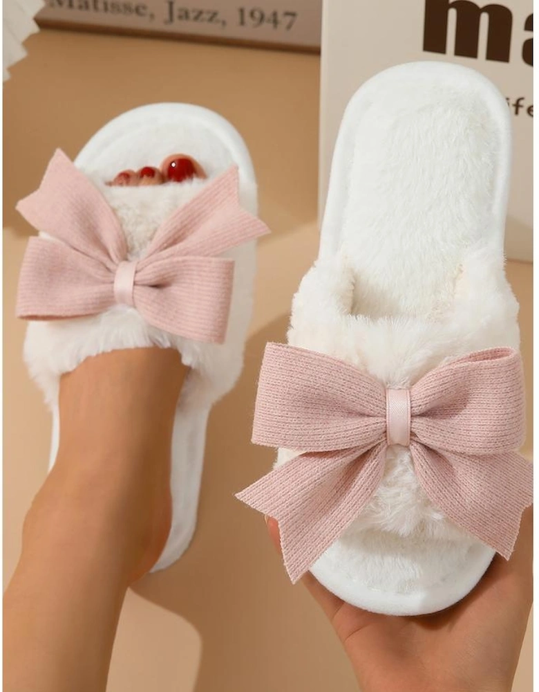 White Bow Knot Decor Open Toe Plush Slippers