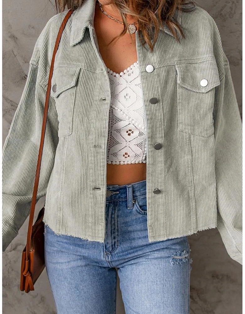 Sky Blue Raw Hem Flap Pockets Cropped Corduroy Jacket