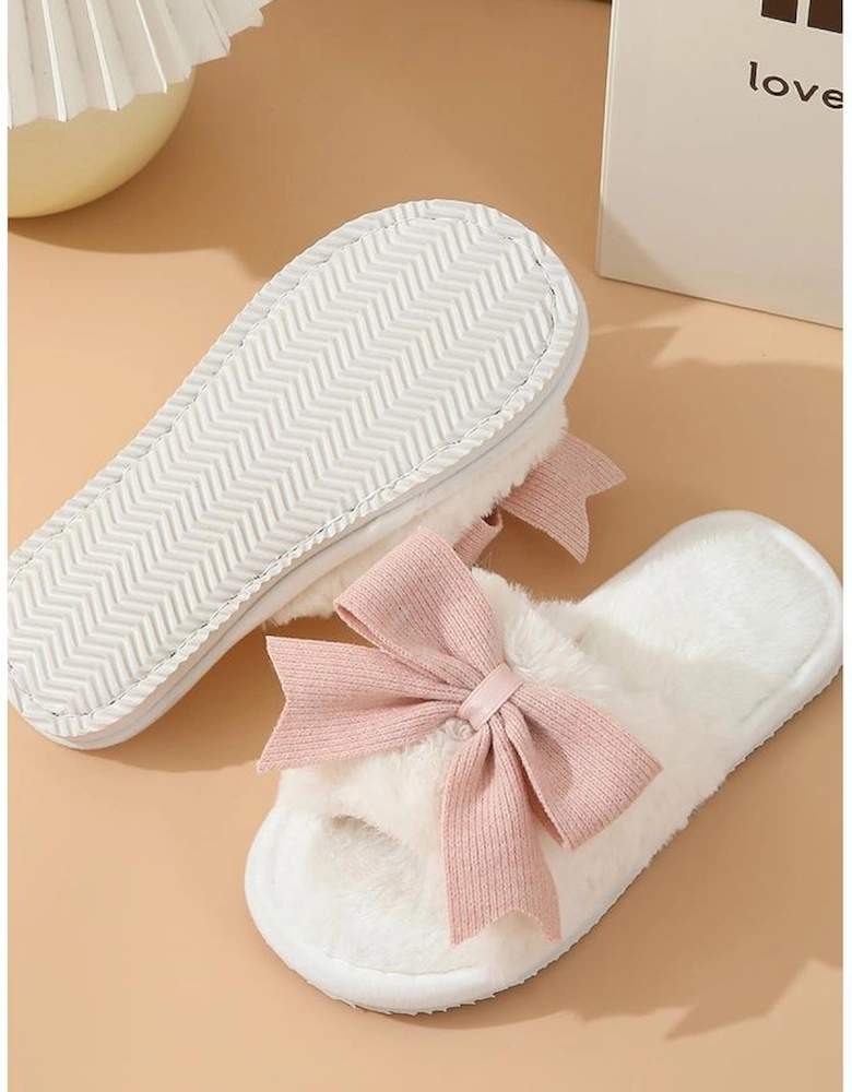 White Bow Knot Decor Open Toe Plush Slippers