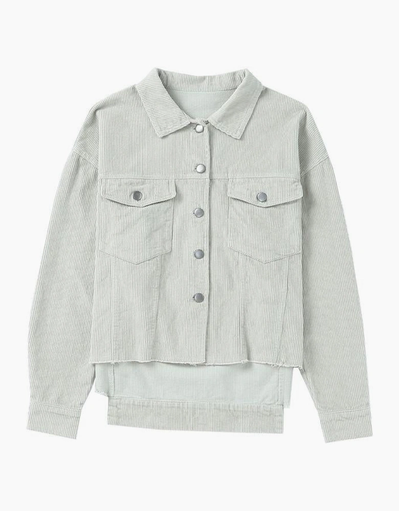 Sky Blue Raw Hem Flap Pockets Cropped Corduroy Jacket