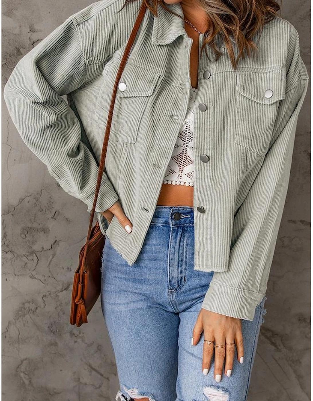 Sky Blue Raw Hem Flap Pockets Cropped Corduroy Jacket