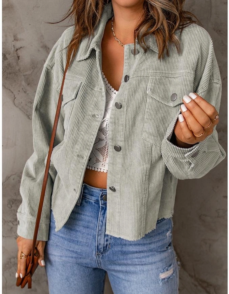 Sky Blue Raw Hem Flap Pockets Cropped Corduroy Jacket