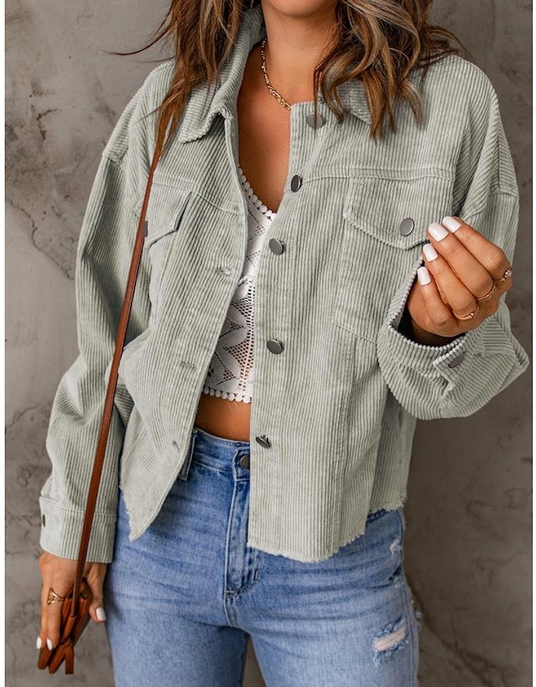 Sky Blue Raw Hem Flap Pockets Cropped Corduroy Jacket, 16 of 15