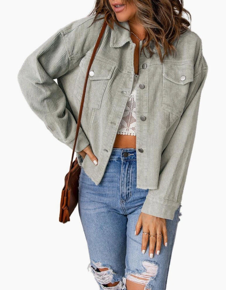 Sky Blue Raw Hem Flap Pockets Cropped Corduroy Jacket