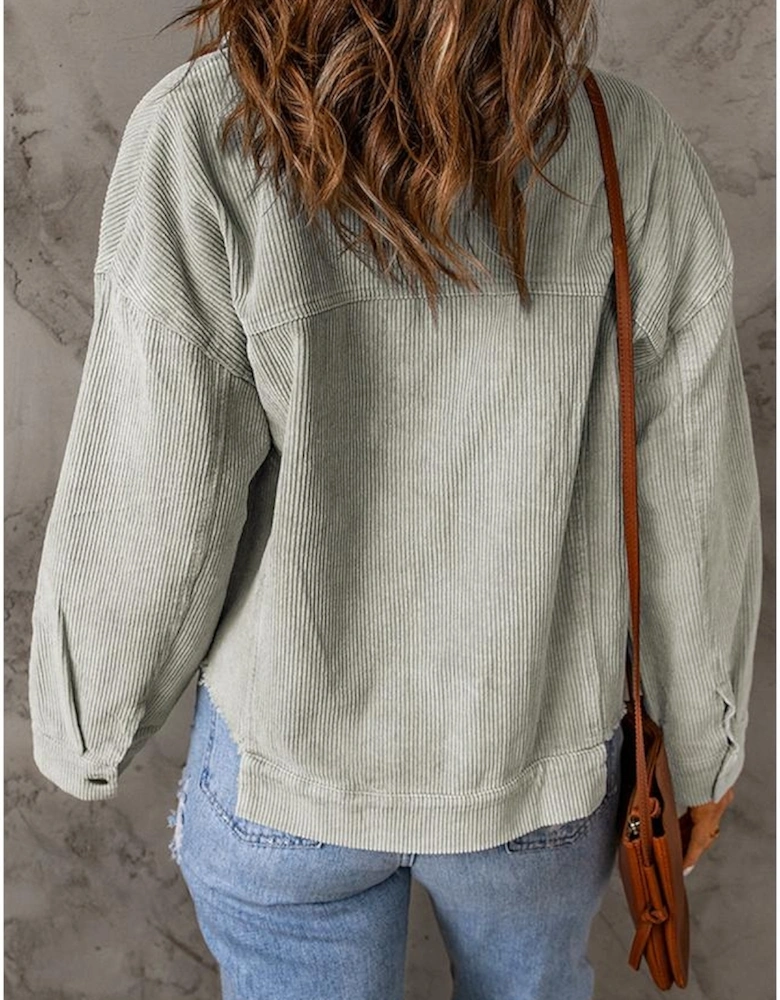 Sky Blue Raw Hem Flap Pockets Cropped Corduroy Jacket