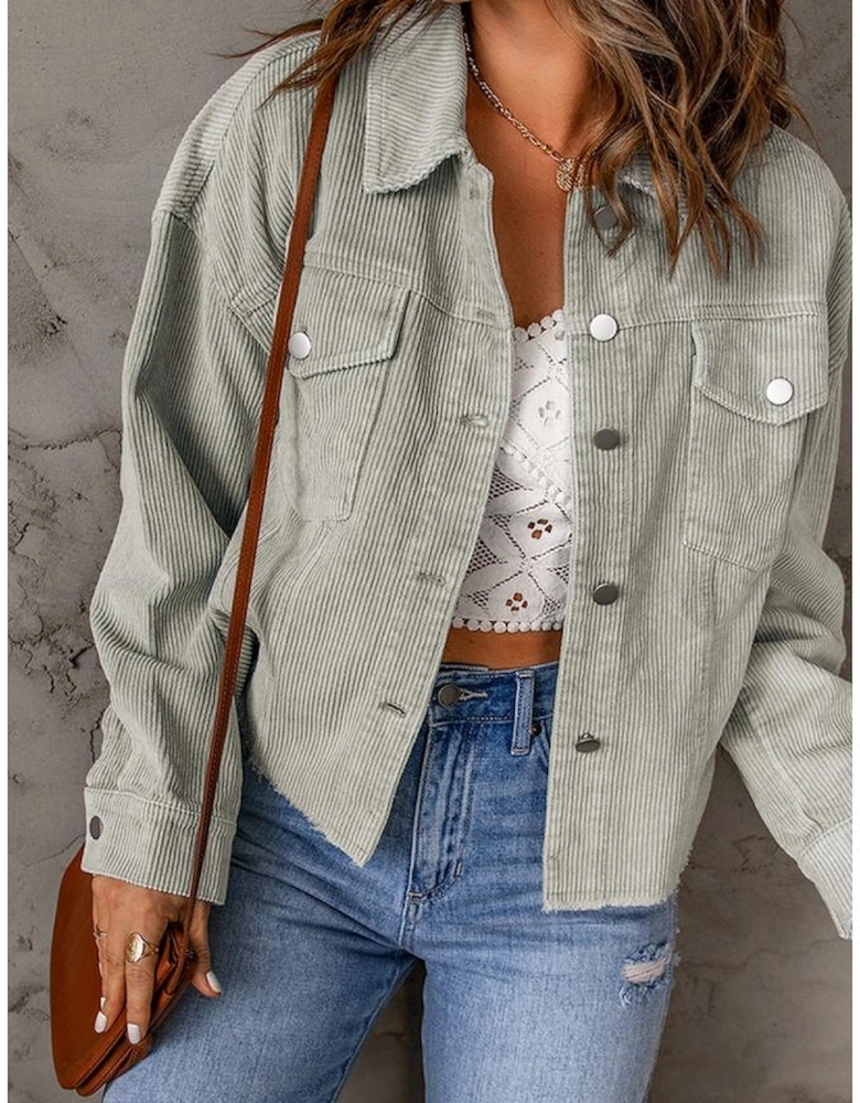 Sky Blue Raw Hem Flap Pockets Cropped Corduroy Jacket