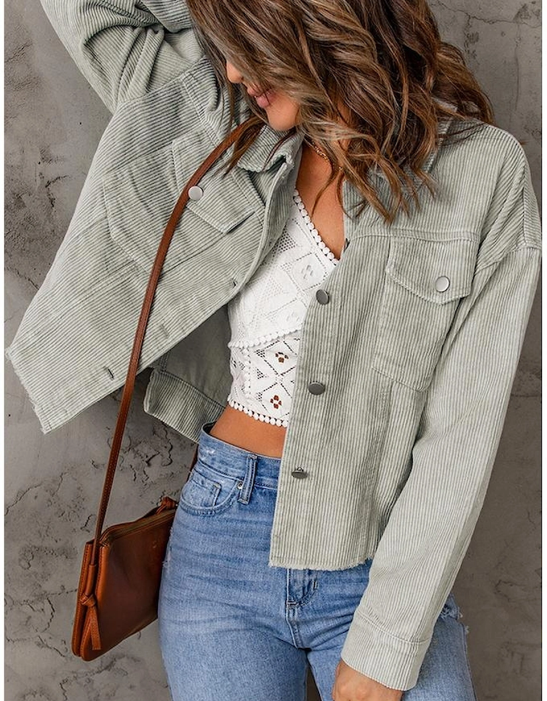 Sky Blue Raw Hem Flap Pockets Cropped Corduroy Jacket